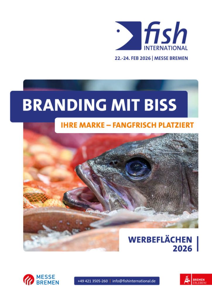 Nahaufnahme eines Fisches mit geöffnetem Maul, der auf zerstoßenem Eis liegt. Der Text wirbt für die internationale Fischmesse in Bremen, Deutschland, mit Veranstaltungshinweisen und Werbesprüchen in deutscher Sprache.